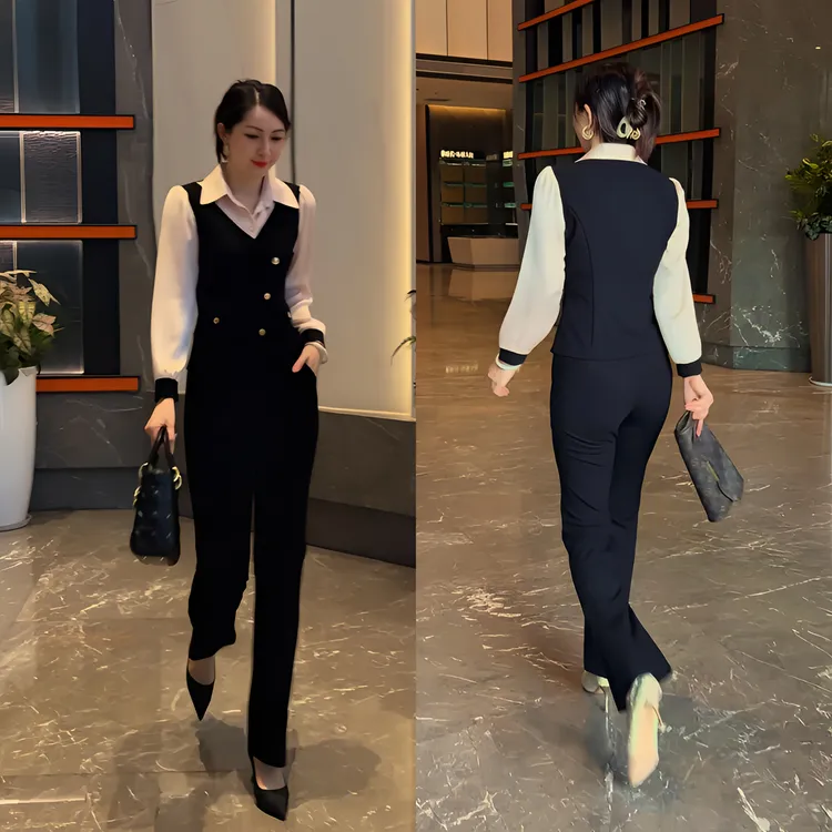 百花果【防褪色】2025秋季新款女士长袖时尚套装气质弹力V领弹力