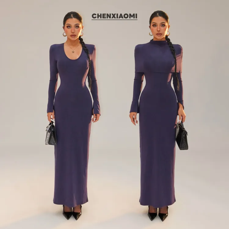 【蜜蜜家】抓毛U领长袖连衣裙长裙+半高领罩衫两件套 25/Y814+Z705