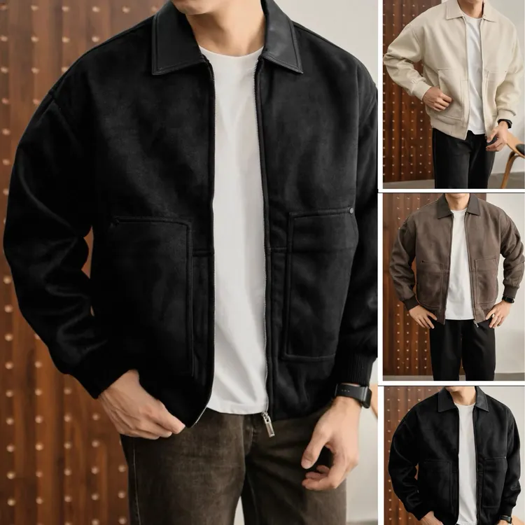 新款矜贵老钱风麂皮绒挺阔短宽版型夹克外男秋冬季PU皮翻领外套男