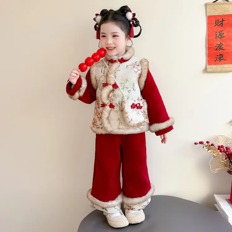 女童冬款套装2025年新中式加棉旗袍加绒阔腿裤两件套儿童唐装年服