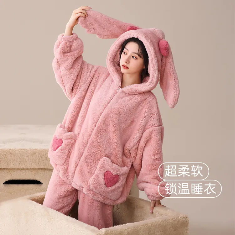 2025年新款保暖开衫睡衣套装雪花绒秋冬季两件套加绒加厚家居服女