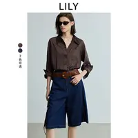 LILY2025秋针织翻领休闲条纹衬衫外套女125329C4919