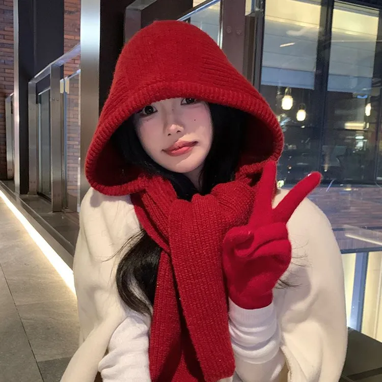 红色巴拉克拉法帽女秋冬季保暖毛线帽子围巾一体连帽围脖针织帽冬