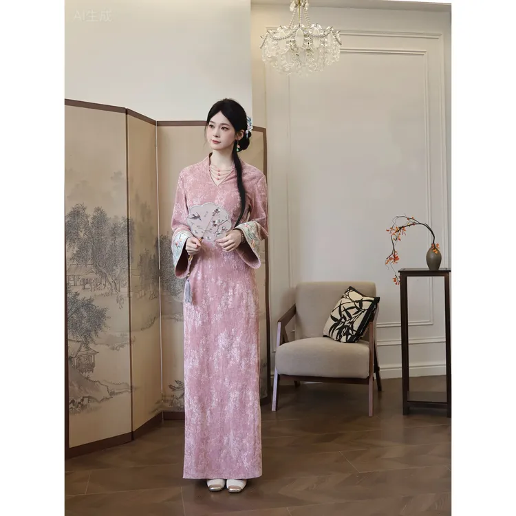 肆意【桃夭】原创自制高级印花碎花新中式钉珠旗袍倒大袖绣珠链旗袍