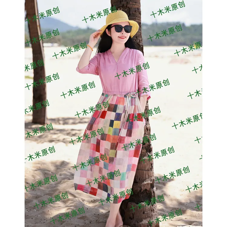 彩色风筝/十木米原创款百分百苎麻印花格子拼接文艺气质长连衣裙