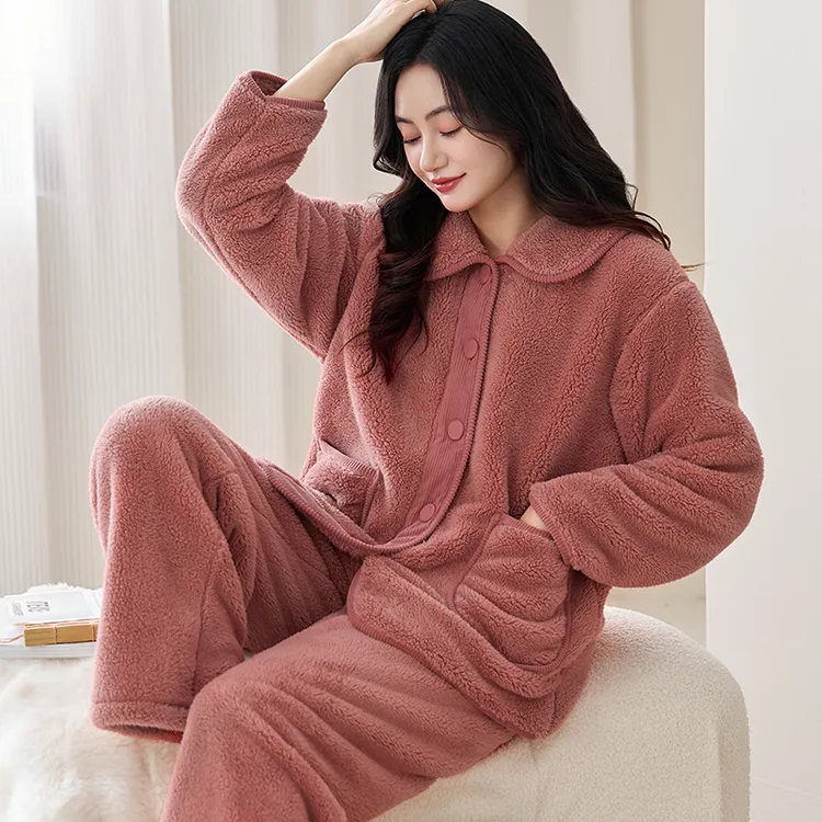 气质睡衣女秋冬款冬季珊瑚绒家居服加厚款冬天加大码加绒保暖套装