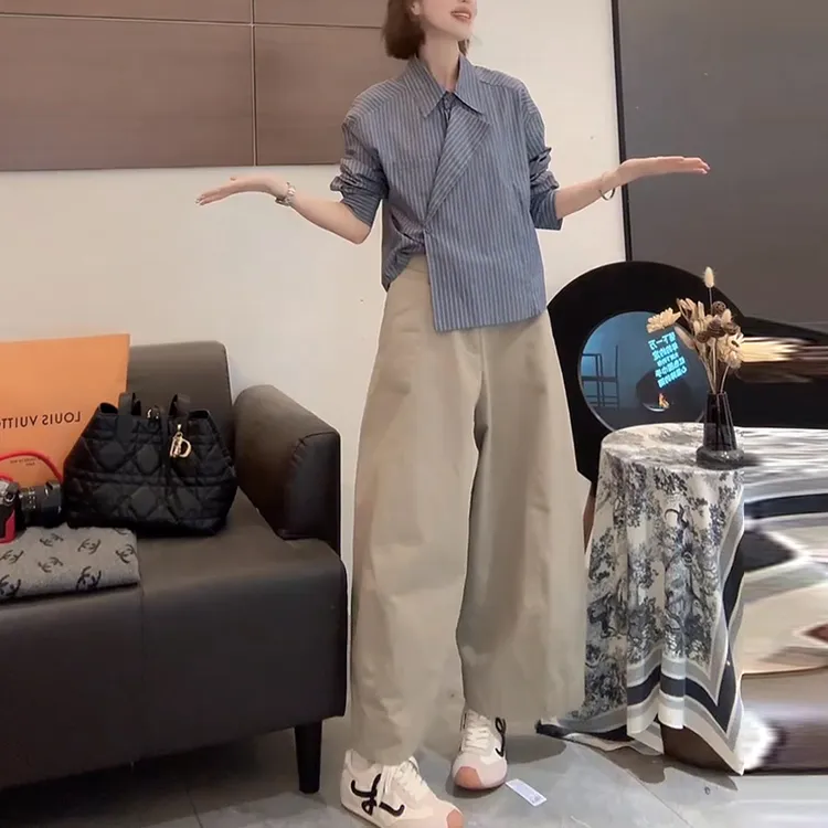 2025年早秋新款法式小众设计师款衬衣设计师阔腿百搭休闲裤套装女