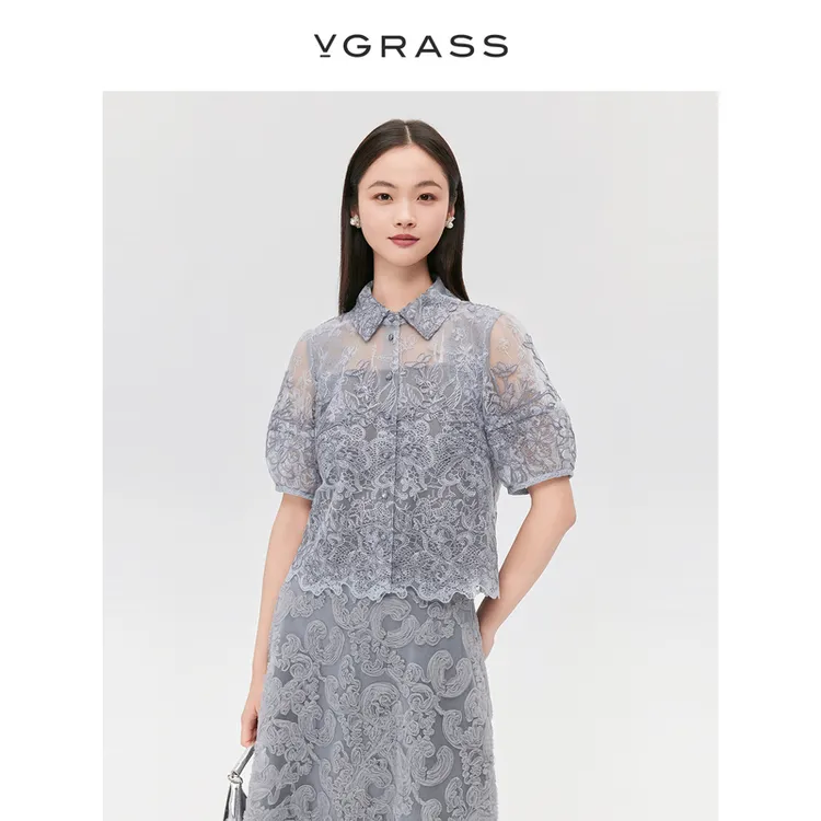 VGRASS原创网纱蕾丝衬衫夏季新款宽松合身泡泡袖上衣VSC2P2162A
