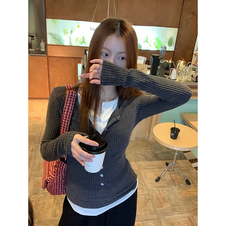 冬季韩系假两件显瘦修身T恤244V3821         