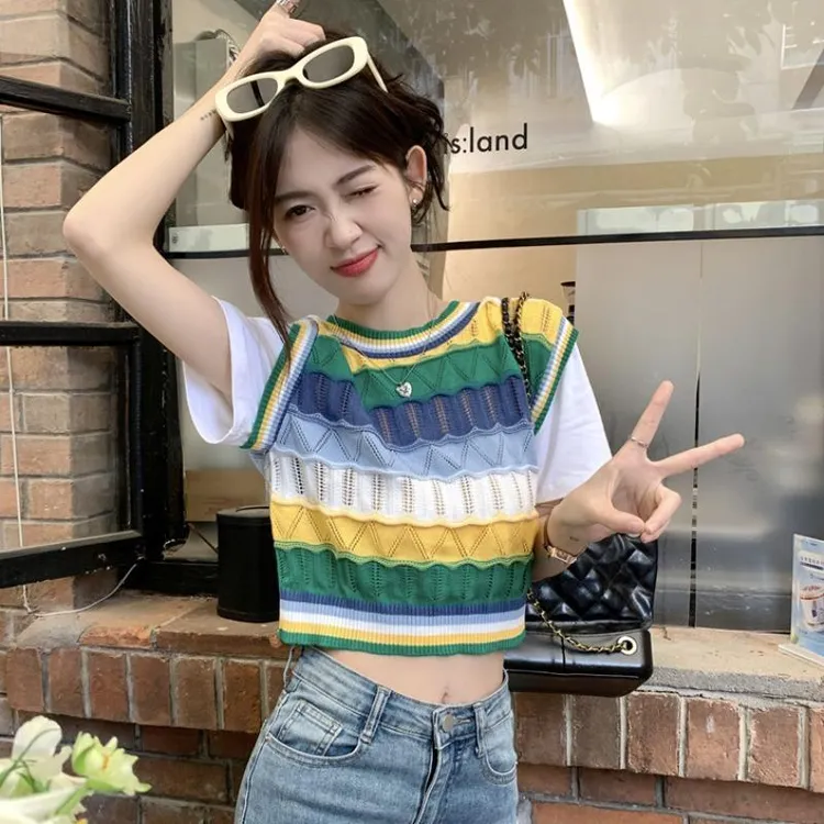老钱风松弛感女装贵气K假两件彩虹条纹衫短袖T恤女夏新款修身显瘦