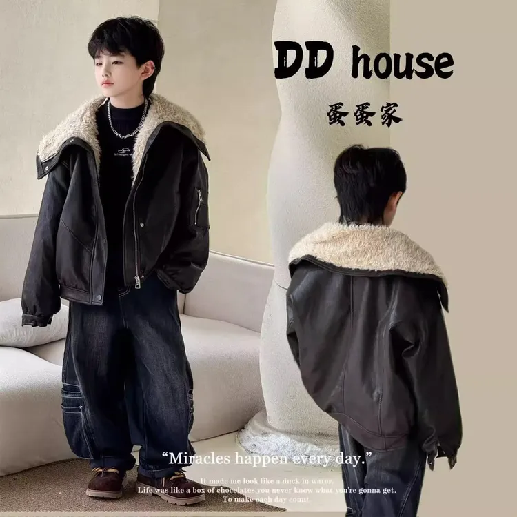 男童冬装皮衣外套2025新款加绒加厚秋冬季大儿童双面穿皮毛一体潮