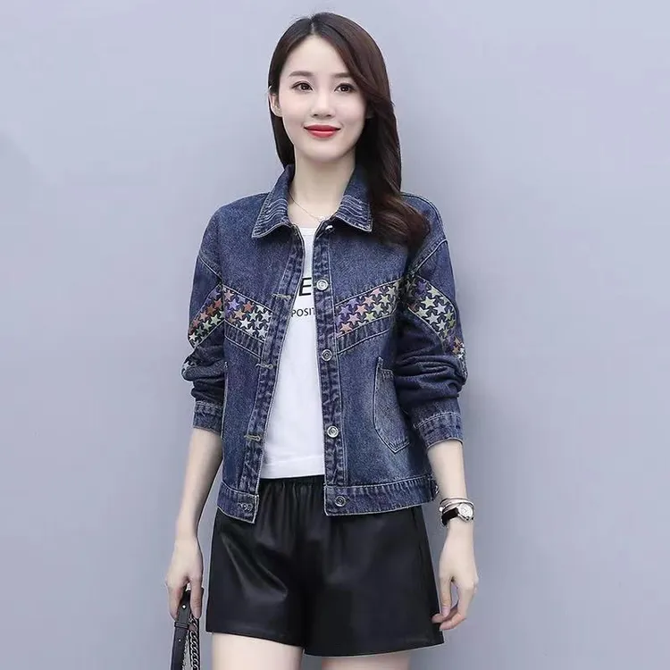 女士秋季女装大码牛仔外套女时尚韩版宽松显瘦港味拼接百搭牛仔衣
