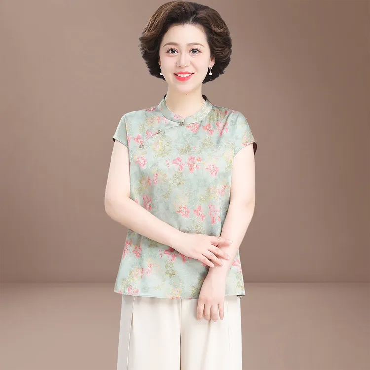 新中式妈妈夏装雪纺小衫端庄大气中老年人夏季套装女国风品牌上衣