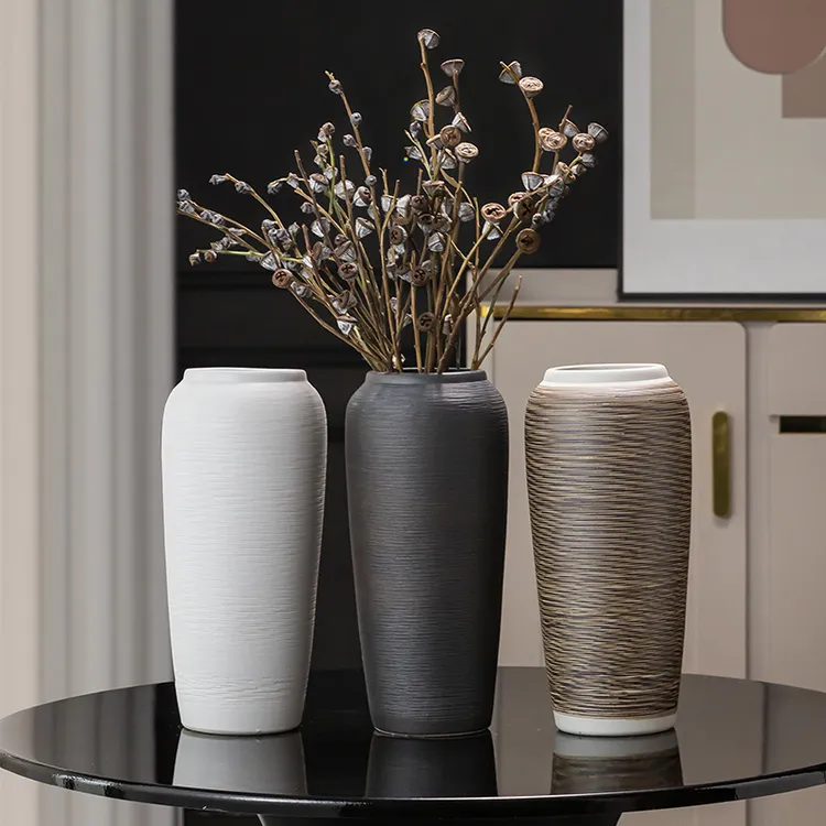 花瓶摆件客厅插花陶瓷黑白简约陶罐侘寂风落地新中式水培干花粗陶