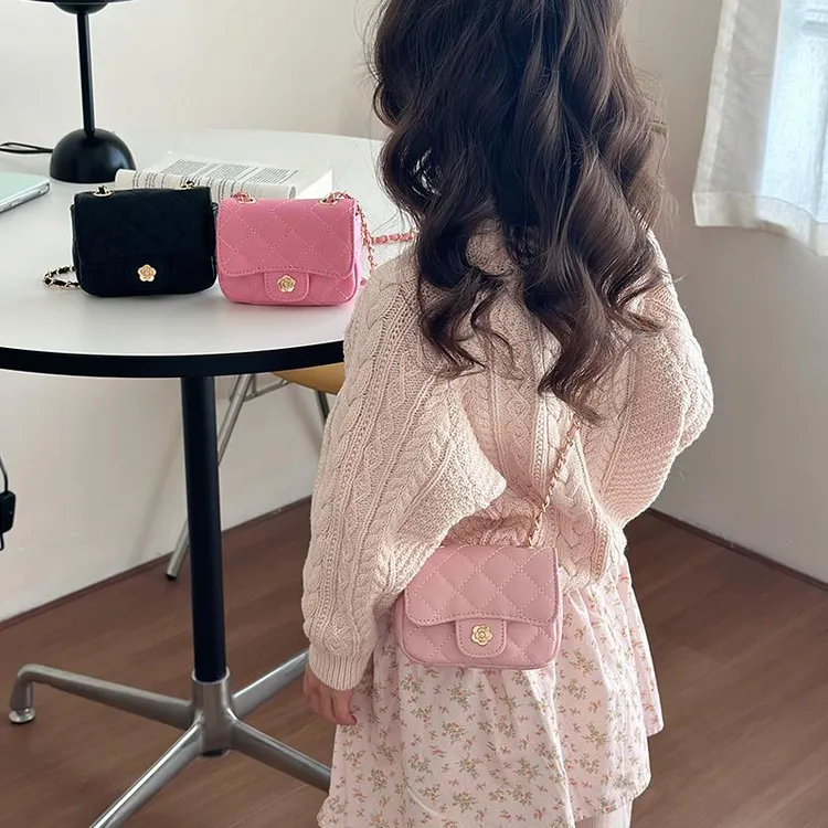 小香风儿童包包迷你链条菱格女童斜挎包新款山茶花公主宝宝小方包