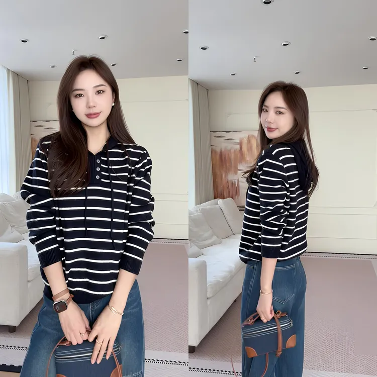 【余欢欢】冬季休闲百搭时尚条纹连帽针织衫-YHW51049