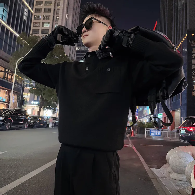 假两件纽扣毛衣男款秋冬季2025新款高级感潮牌痞帅加厚针织打底衫