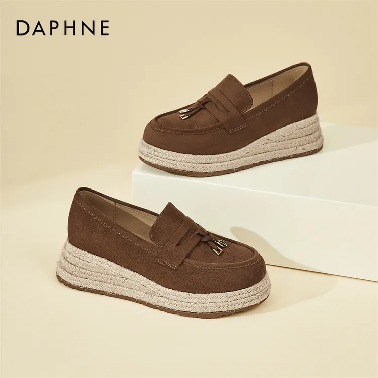 达芙妮秋季一脚蹬草编渔夫鞋复古气质单鞋简约厚底女乐福鞋勃肯鞋