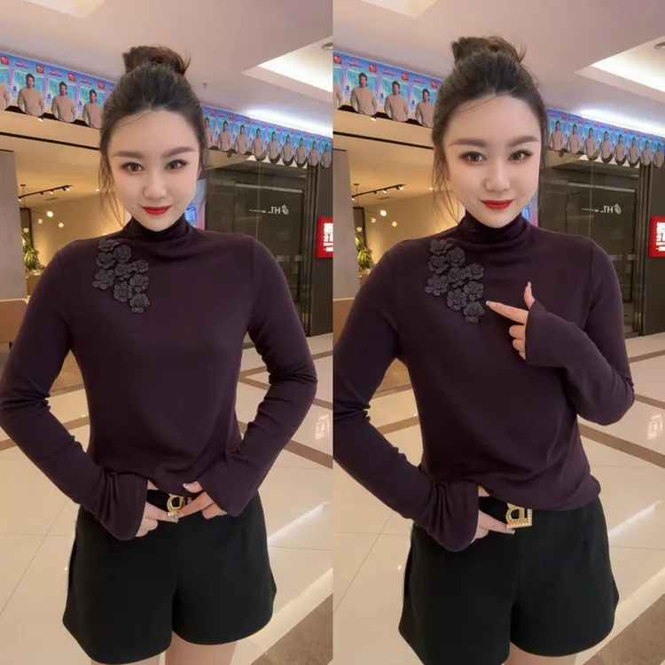 山茶花高领慕斯绒打底衫