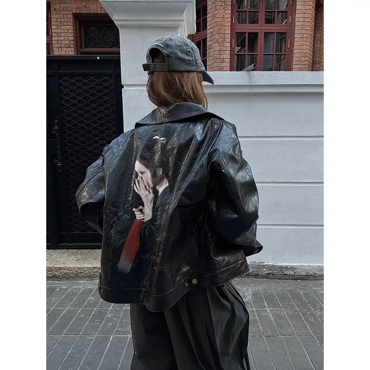 A1MP美式复古蜻蜓女人像pu皮衣夹克男女春季宽松痞帅蜡面皮外套潮
