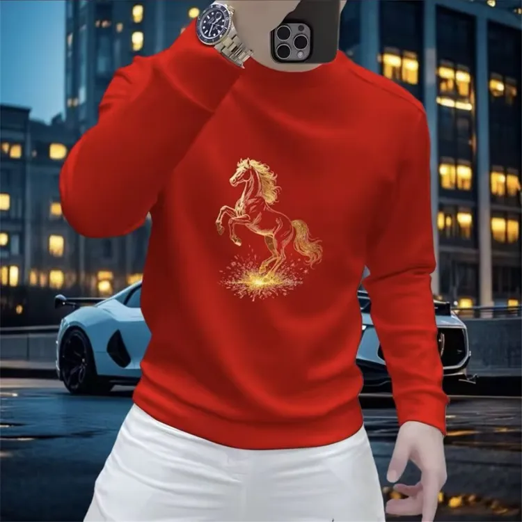 2026流行本命年金马印花男士卫衣秋冬新款圆领长袖上衣加绒男体恤