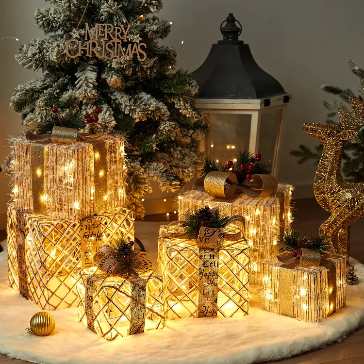 圣诞装饰品铁艺礼物盒橱窗桌面圣诞盒摆件发光礼物盒拍照场景氛围