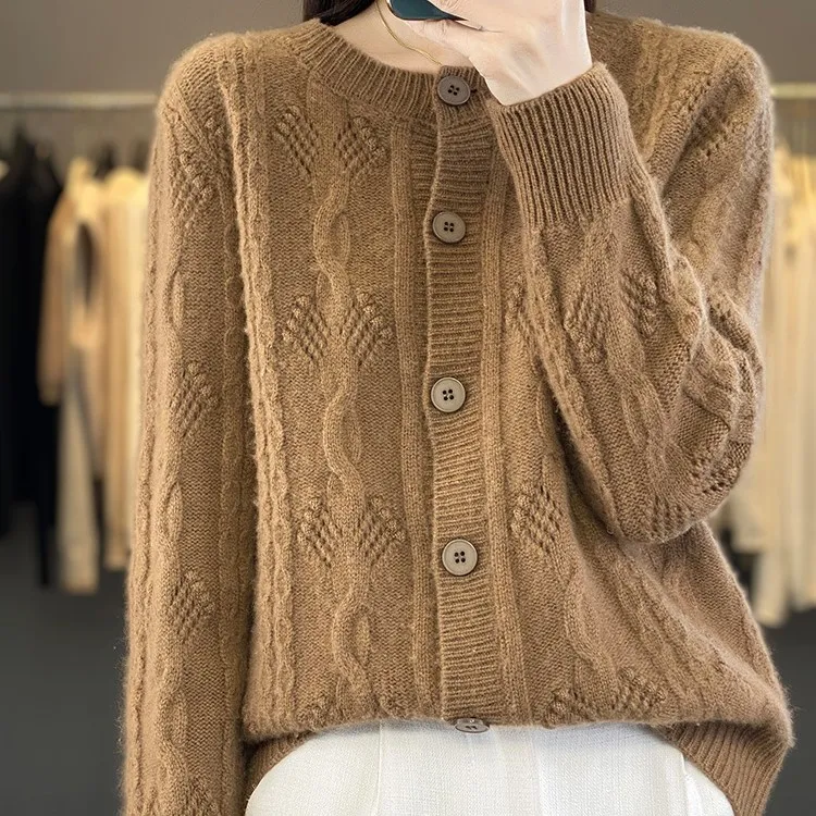 针织衫秋冬女士法式绞花开衫女士羊毛衫重磅毛衣宽松