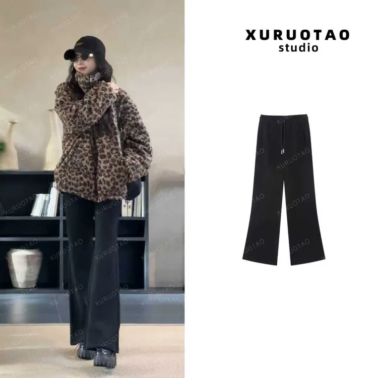 XURUOTAO【实力派微喇】棉感松紧加绒加厚设计显瘦黑色休闲裤 T5737