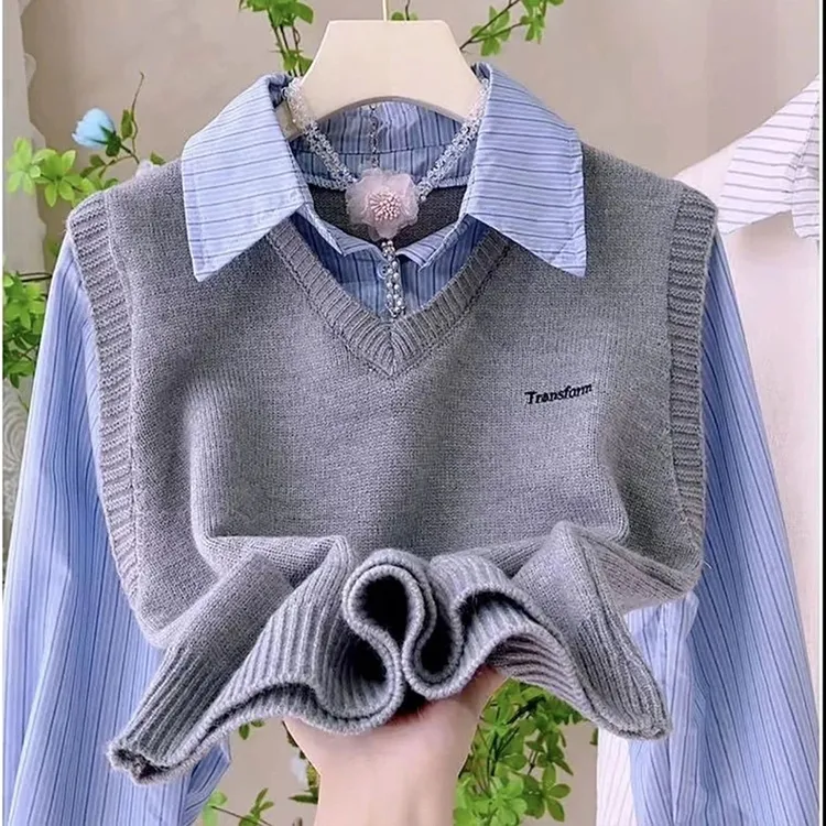 假两件针织衬衫女2025年春秋新款学院风条纹马甲拼接百搭短款上衣