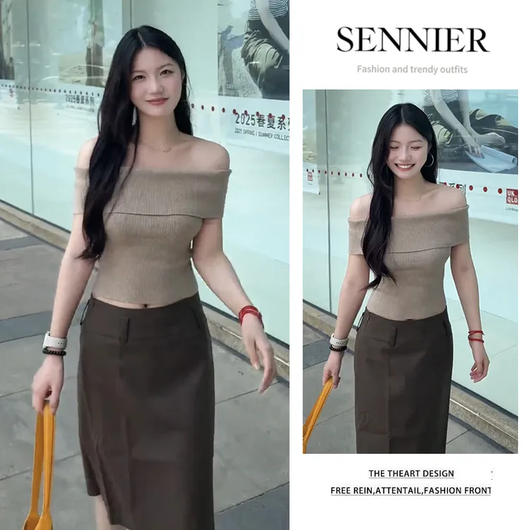 时尚穿搭女2025夏季新款气质修身露肩针织上衣显瘦半身裙两件套装