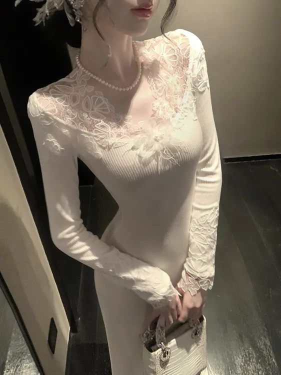 【雅乔定制】长月如梦 蕾丝拼接长袖针织连衣裙长裙DYZY-25097777