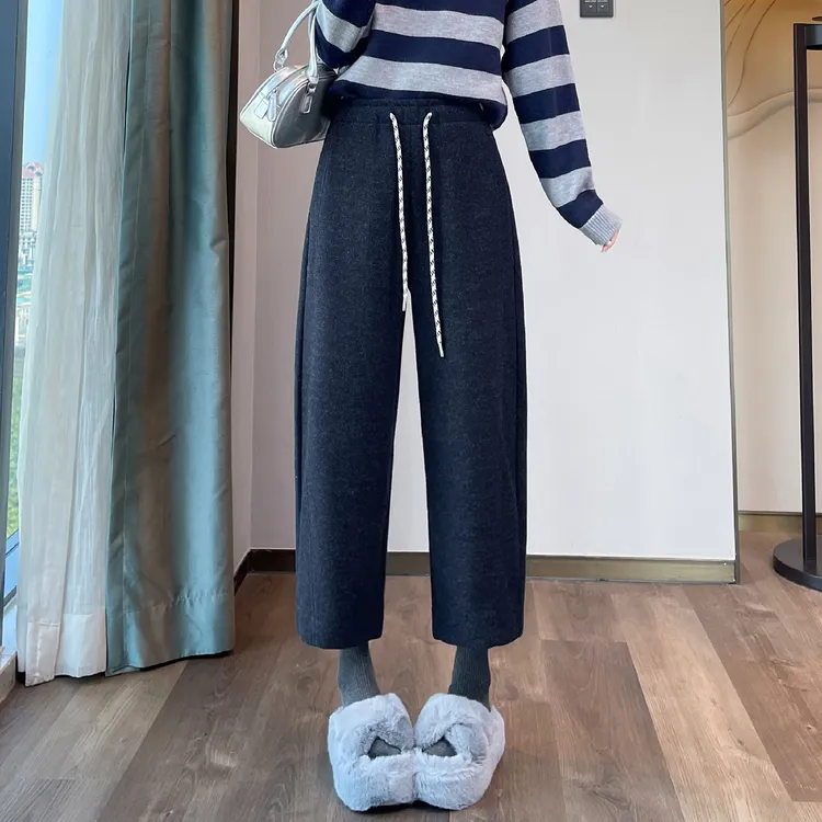 藏蓝色毛呢裤子女秋冬新款加绒加厚宽松直筒烟管裤显瘦哈伦萝卜裤