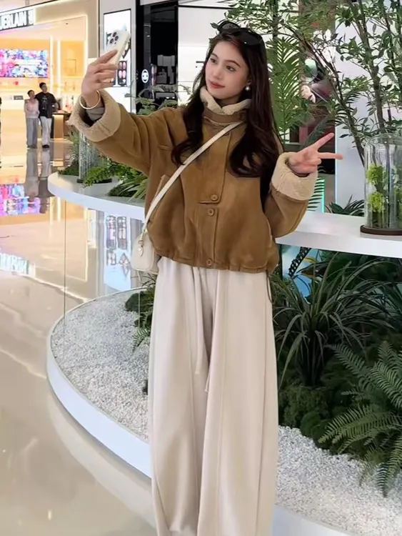 复古高级感皮毛一体羊羔毛加绒短外套女2025秋冬韩系时尚洋气上衣