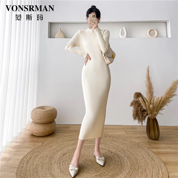 VONSRMAN半高领修身连衣裙女2025秋冬新款时尚高级感气质包臀长裙