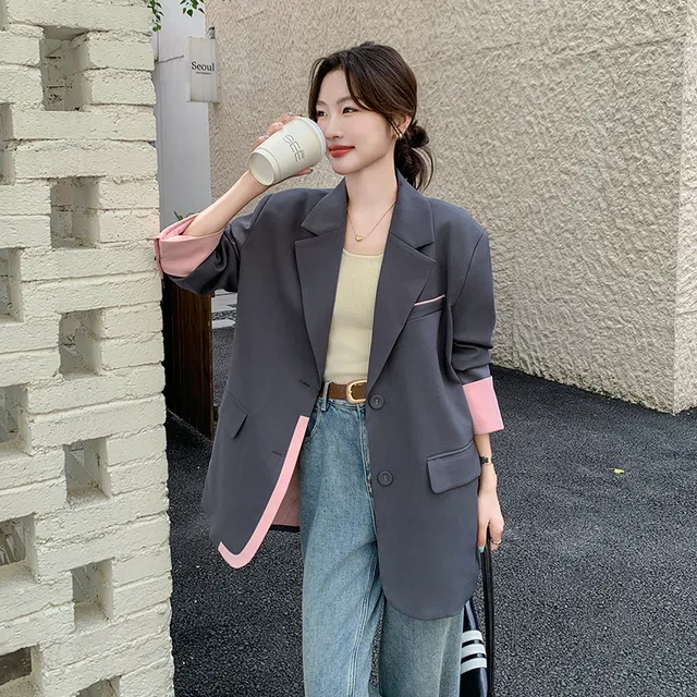 设计感拼接灰色西装外套女春秋2025新款韩版chic气质宽松通勤西服