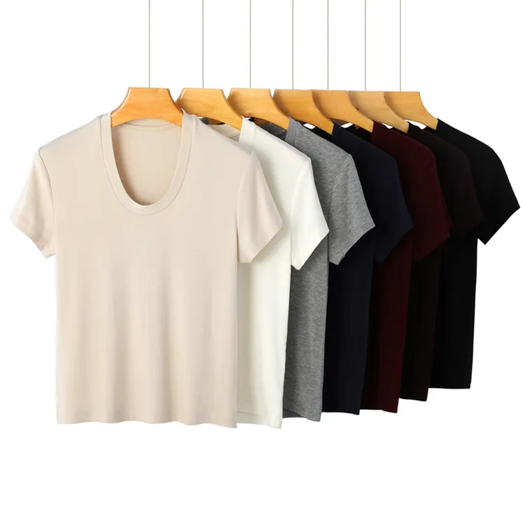 夏季新款天丝羊毛U领短袖t恤女薄款洋气显瘦针织半袖修身打底上衣