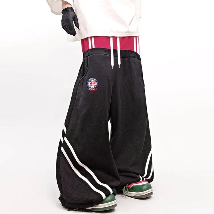 UUCSCC嘻哈潮牌假两件双腰头运动裤美式高街vintage阔腿弯刀裤男