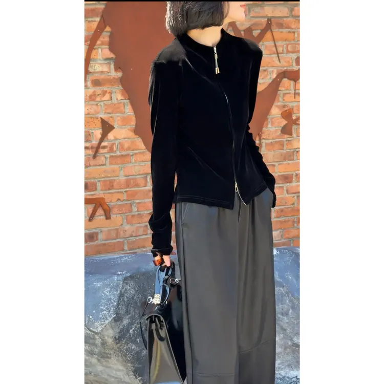 丝绒立领拉链短外套女2025秋季大码胖MM百搭休闲黑色显瘦修身套装