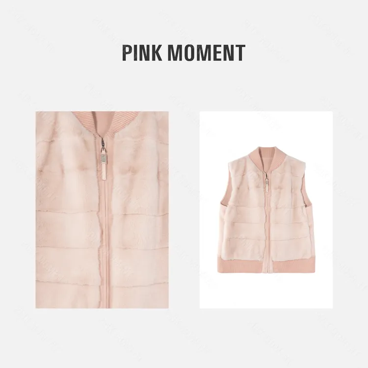 PM王囡囡 粉色山羊绒绵羊毛针织边水貂马甲 ND1D1897