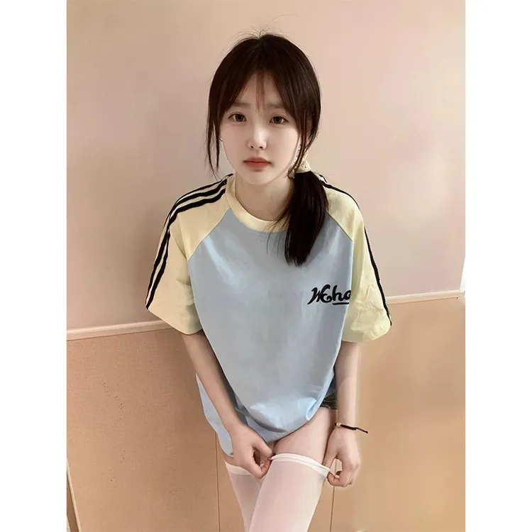 夏日多巴胺撞色插肩短袖T恤女夏季三条杠宽松oversize纯棉上衣ins