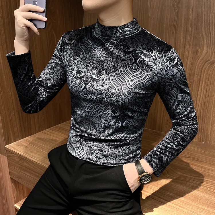 金丝绒半高领长袖打底衫男款新中式祥云印花男士秋冬内搭T恤上衣