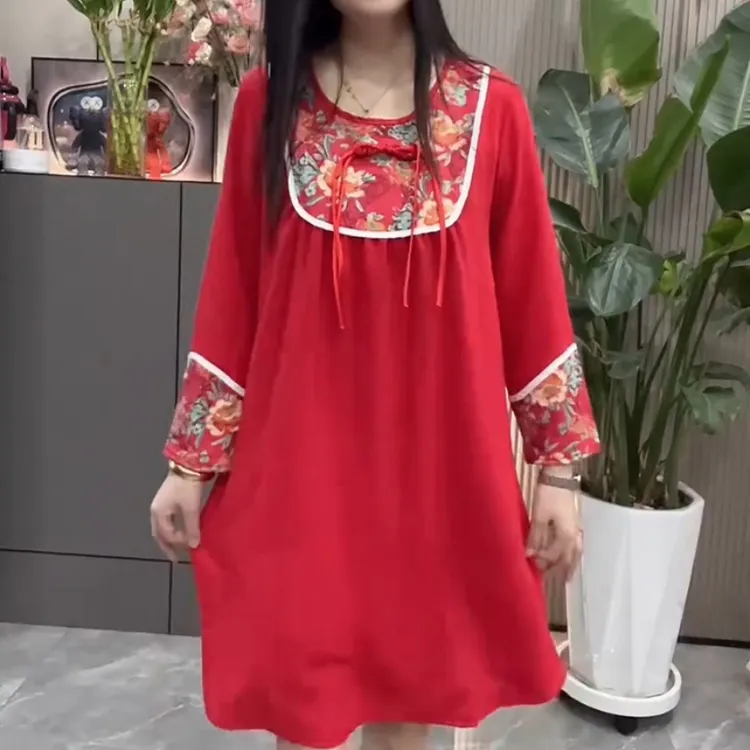 春秋新款国风宽松圆领印花长袖显瘦气质家居服睡裙女