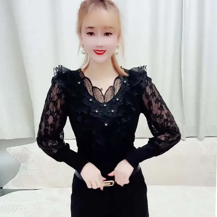 春夏季女长袖百搭打底衫打底上衣时尚V领拼接减龄显瘦洋气蕾丝衫