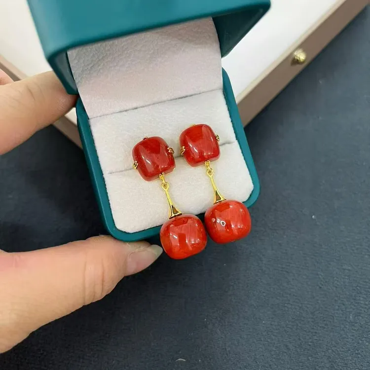 铜合金锆石耳饰 藏式民族风红色复古气质百搭新款耳环吊坠