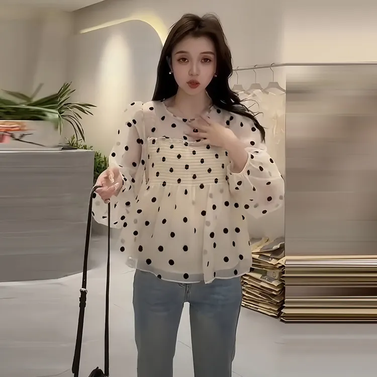 设计感小众波点泡泡袖衬衫女夏季洋气时尚雪纺上衣气质小个子衬衣
