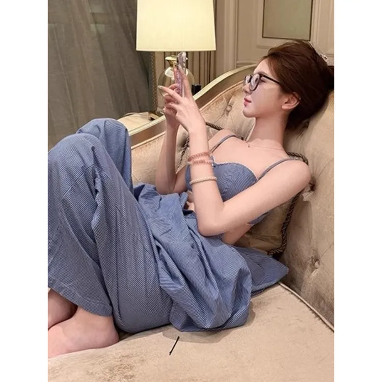 【蓝色条纹】设计吊带睡衣女夏季新款韩版开衫长裤家居服三件套外出