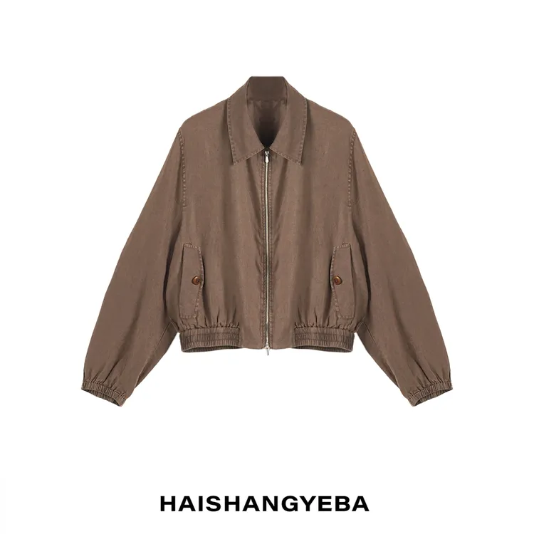 【海上叶爸】新款2025夏季百搭亚麻翻领宽松袖拉链夹克外套