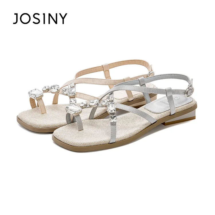 卓诗尼平底凉鞋女2025新款夏季绝美仙女风水钻夹趾配裙子罗马凉鞋