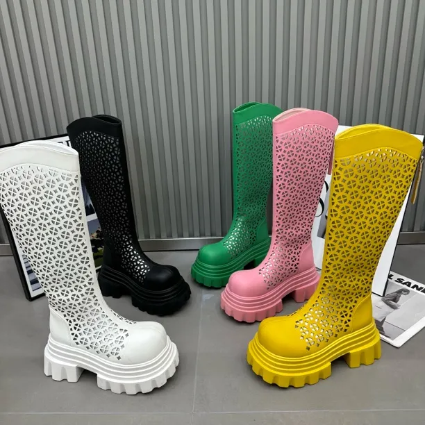 马丁靴女镂空厚底松糕小个子8cm高筒靴骑士靴机车靴夏季显瘦网靴