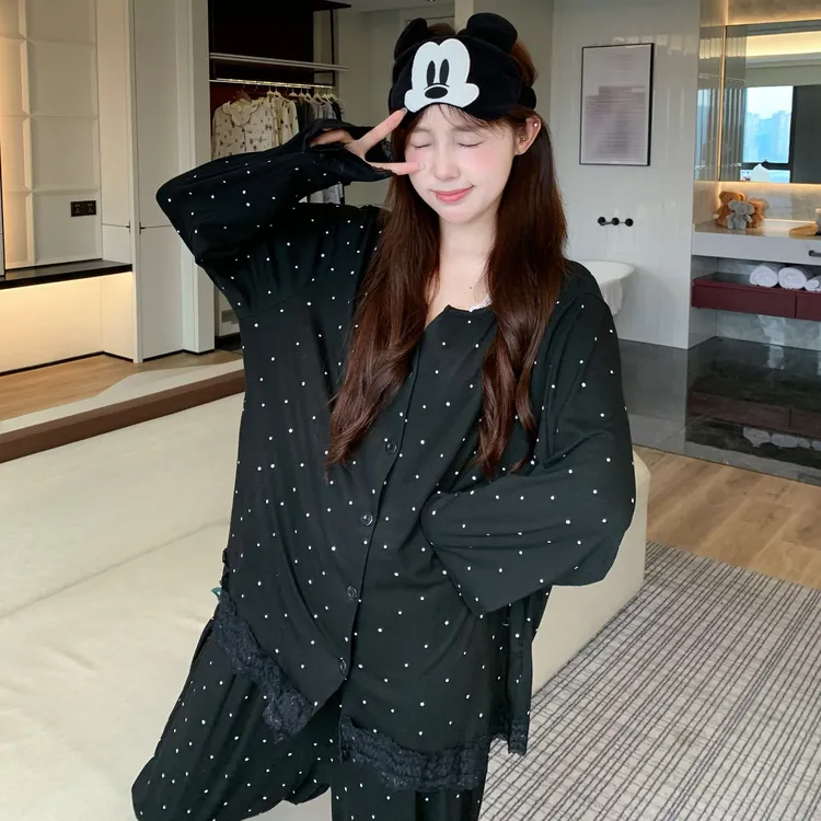 胖MM大码蕾丝边睡衣女套装莫代尔波点圆领网红洋气宽松甜美家居服